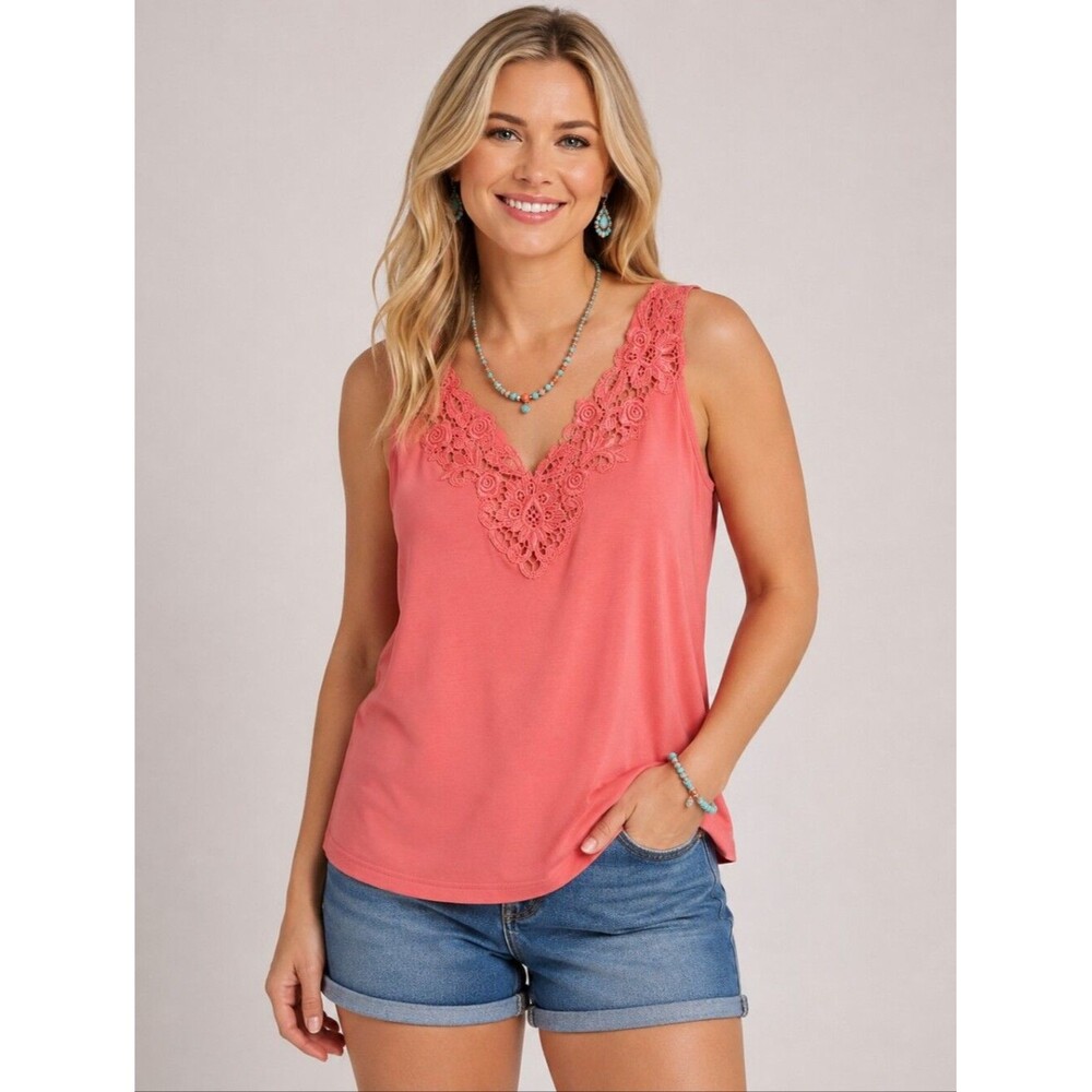 Emma James Coral V-neck Crochet Tank Top